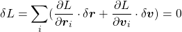 \begin{equation*} \delta L=\sum_i(\frac{\partial L}{\partial\boldsymbol{r}_i}\cdot\delta\boldsymbol{r}+\frac{\partial L}{\partial\boldsymbol{v}_i}\cdot\delta\boldsymbol{v})=0 \end{equation*}