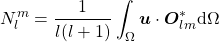 \begin{equation*} N^m_l=\frac{1}{l(l+1)}\int_\Omega \boldsymbol{u}\cdot\boldsymbol{O}_{lm}^*\mathrm{d}\Omega \end{equation*}