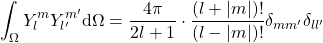 \begin{equation*} \int_{\Omega}Y^m_lY^{m'}_{l'}\mathrm{d}\Omega=\frac{4\pi}{2l+1}\cdot\frac{(l+|m|)!}{(l-|m|)!}\delta_{mm'}\delta_{ll'} \end{equation*}