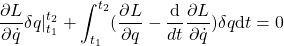 \begin{equation*} \frac{\partial L}{\partial \dot{q}}\delta q\vert^{t_2}_{t_1}+\int^{t_2}_{t_1}(\frac{\partial L}{\partial q}-\frac{\mathrm{d}}{\mahtrm{d}t}\frac{\partial L}{\partial \dot{q}})\delta q\mathrm{d}t=0 \end{equation*}