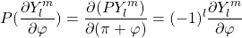 \begin{equation*} P(\frac{\partial Y^m_l}{\partial \varphi})=\frac{\partial (PY^m_l)}{\partial (\pi+\varphi)}=(-1)^l\frac{\partial Y^m_l}{\partial \varphi} \end{equation*}