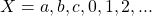 X={a, b, c, 0, 1, 2,...}